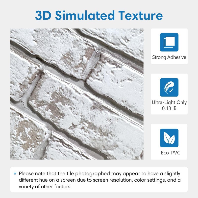 COMSTICKC 3D Faux Brick Wall Panel, Peel and Stick Brick Tiles, 10 Pcs of 12"X12", Small Size Thin PVC Brick Adhesive Fake Brick Paneling Brick Backsplash Background, Retro White - Image 3